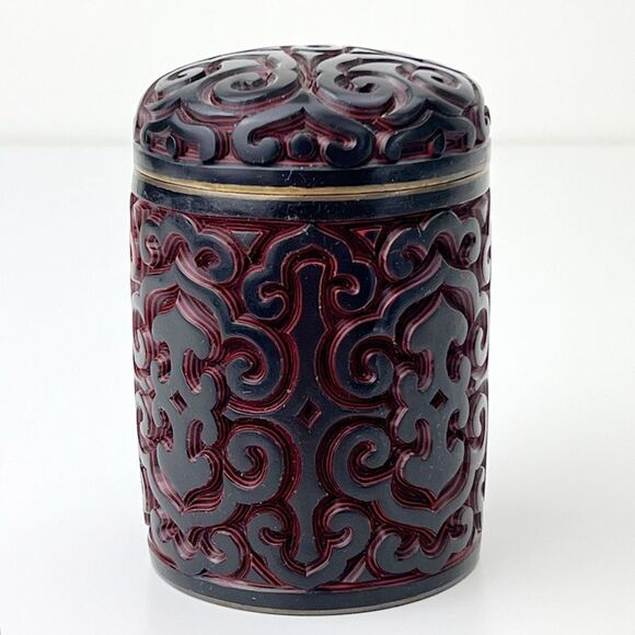 Antique Chinese Hand Carved Cinnabar Canister Jar Box Black and Red Blue Inside - Picture 1 of 14
